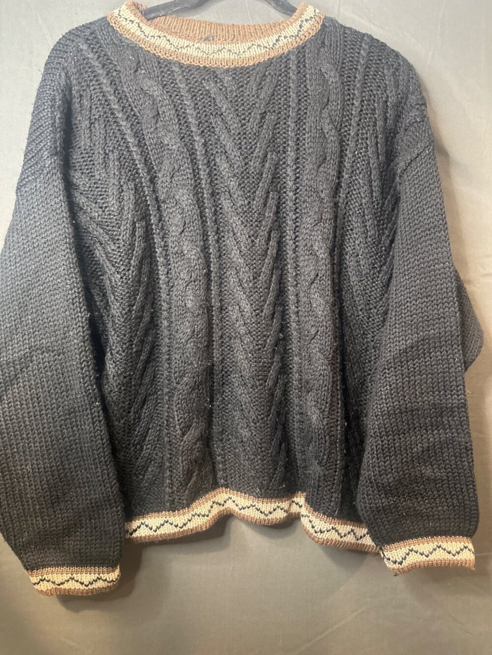 Sisley Italy Cable Knit Sweater Black Brown Fair Isle Vintage Cable Kni Pullover